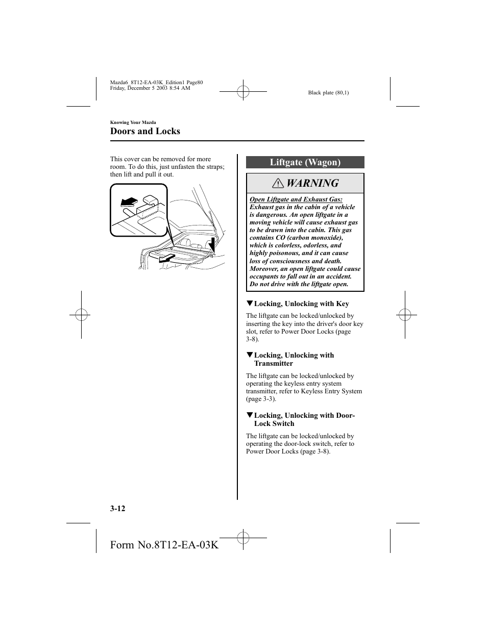 Warning, Liftgate (wagon), Doors and locks | Mazda 8T12-EA-03K User Manual | Page 80 / 326