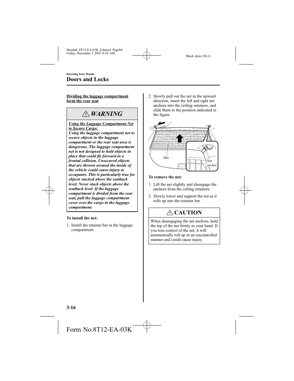 Warning, Caution, Doors and locks | Mazda 8T12-EA-03K User Manual | Page 84 / 326