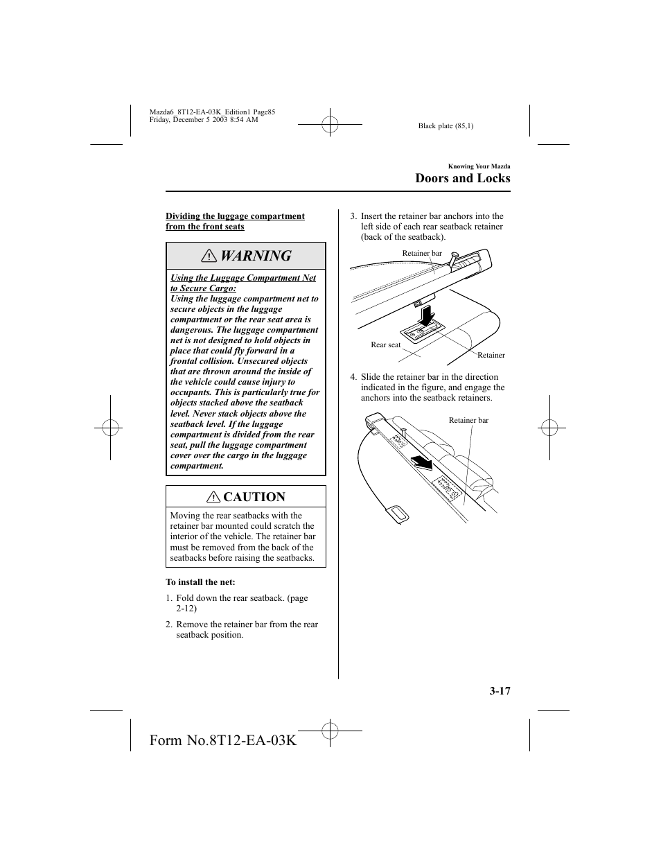 Warning, Caution, Doors and locks | Mazda 8T12-EA-03K User Manual | Page 85 / 326