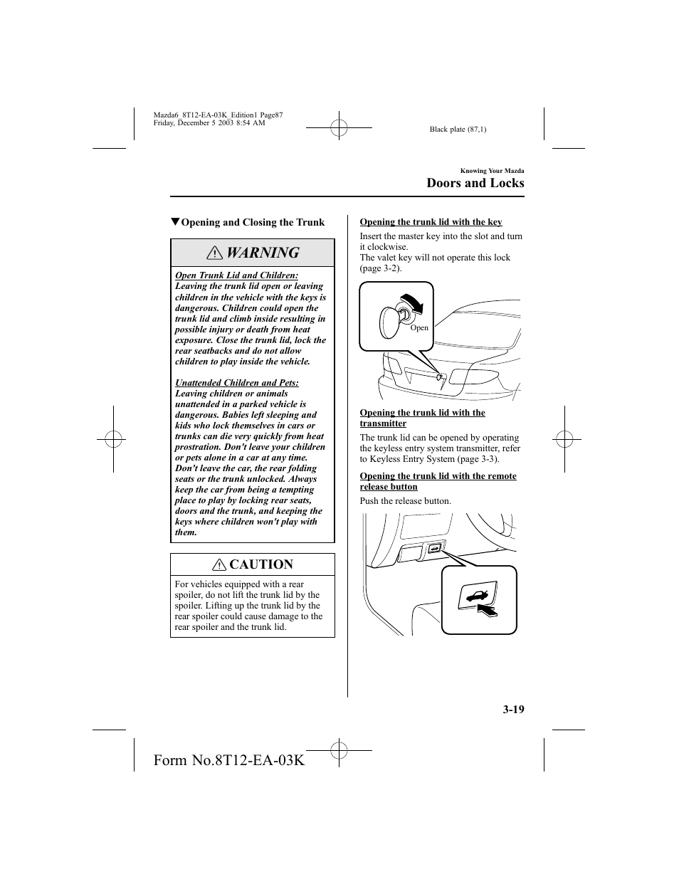 Warning, Caution, Doors and locks | Mazda 8T12-EA-03K User Manual | Page 87 / 326