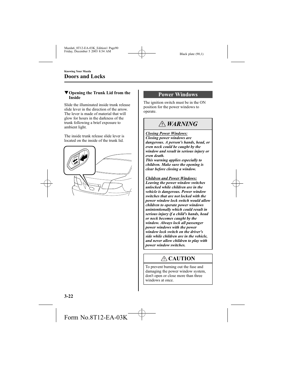 Warning, Power windows, Caution | Doors and locks | Mazda 8T12-EA-03K User Manual | Page 90 / 326