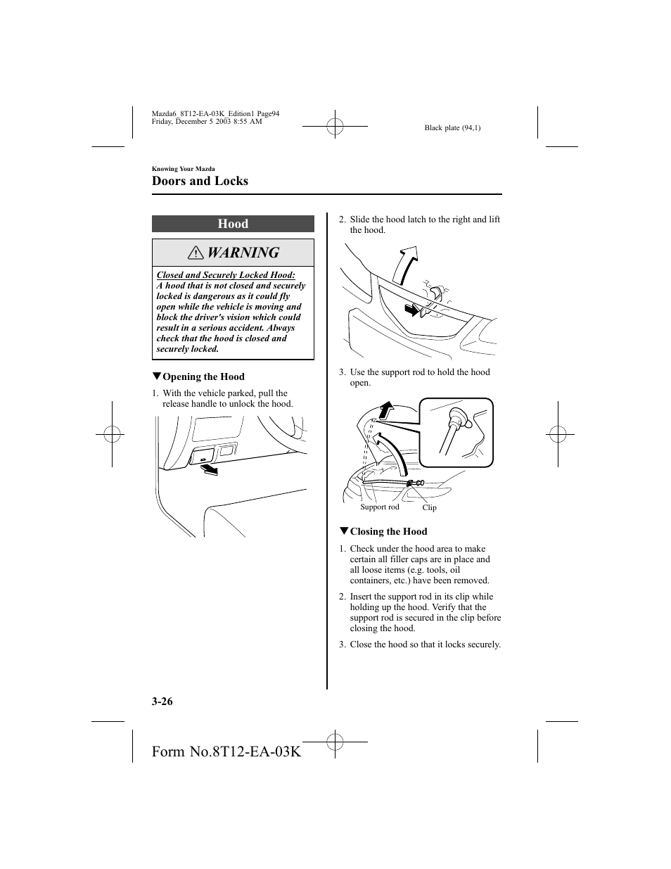 Warning, Hood, Doors and locks | Mazda 8T12-EA-03K User Manual | Page 94 / 326