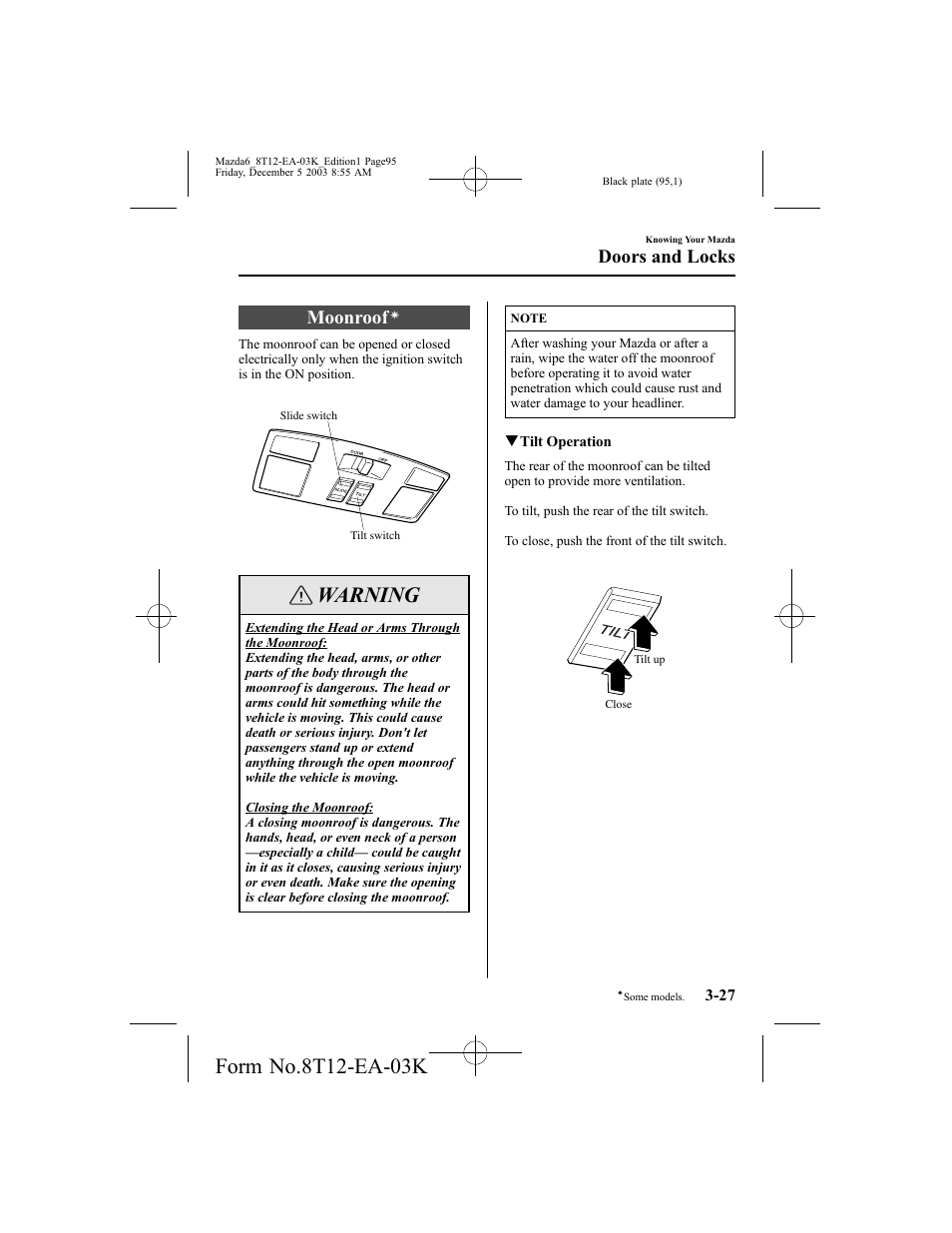 Warning, Moonroof, Doors and locks | Mazda 8T12-EA-03K User Manual | Page 95 / 326