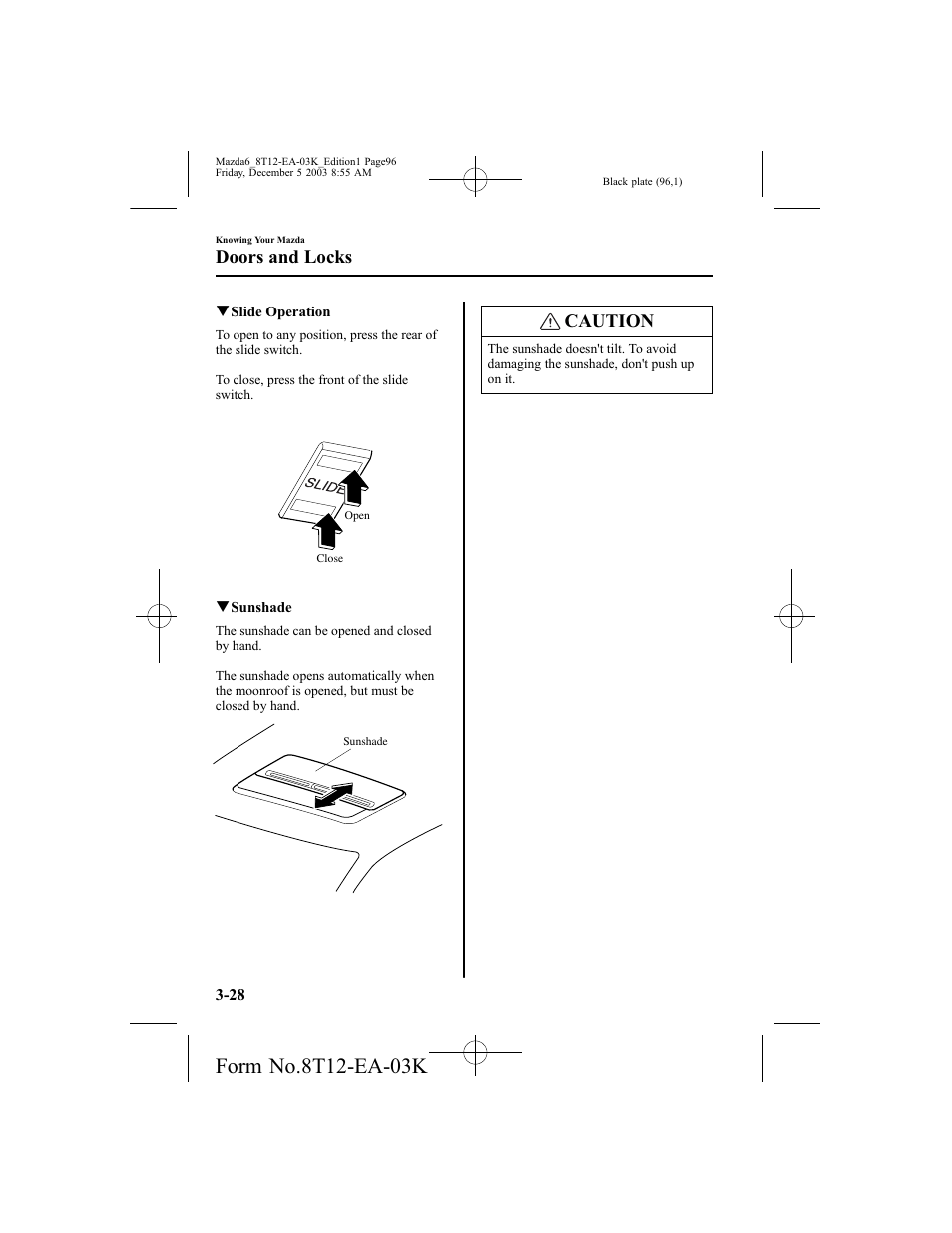 Caution, Doors and locks | Mazda 8T12-EA-03K User Manual | Page 96 / 326