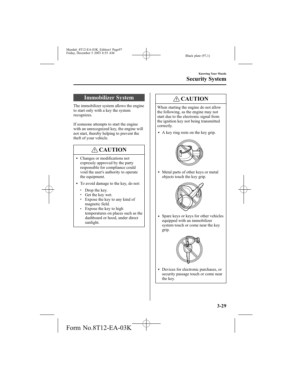 Immobilizer system, Caution, Security system | Mazda 8T12-EA-03K User Manual | Page 97 / 326