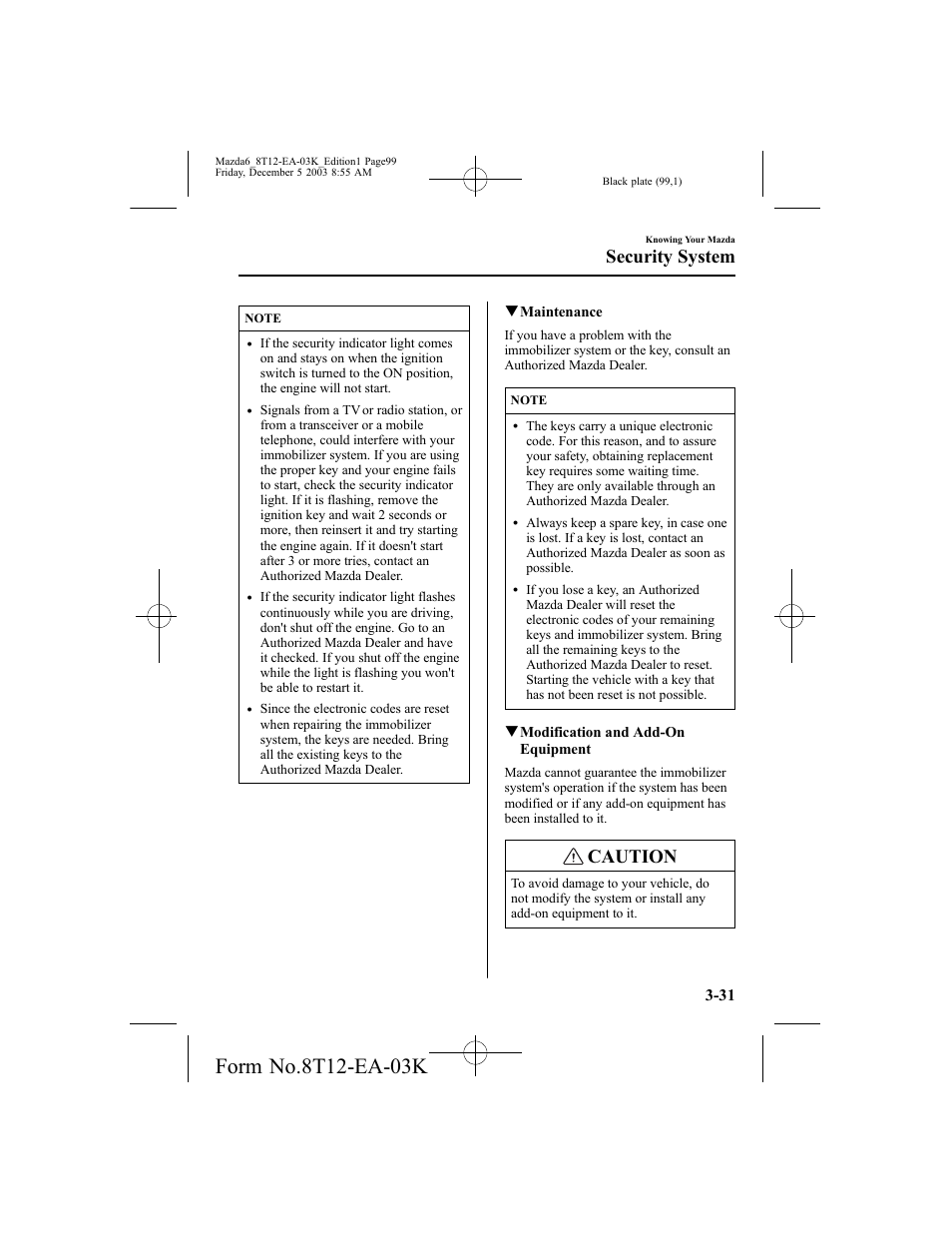 Caution, Security system | Mazda 8T12-EA-03K User Manual | Page 99 / 326