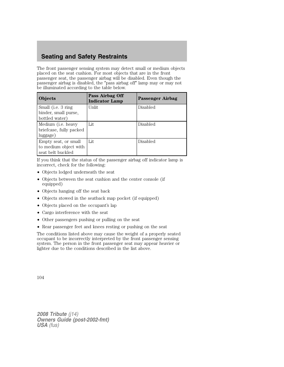 Seating and safety restraints | Mazda 2008 Tribute User Manual | Page 104 / 288