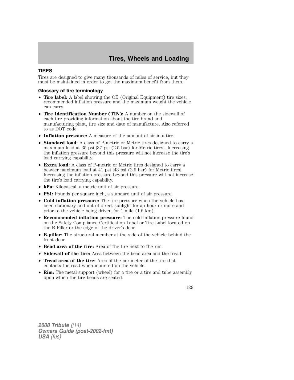 Tires, Glossary of tire terminology, Tires, wheels and loading | Mazda 2008 Tribute User Manual | Page 129 / 288