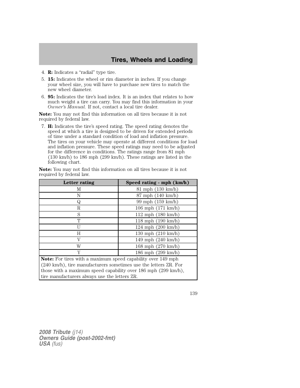 Tires, wheels and loading | Mazda 2008 Tribute User Manual | Page 139 / 288