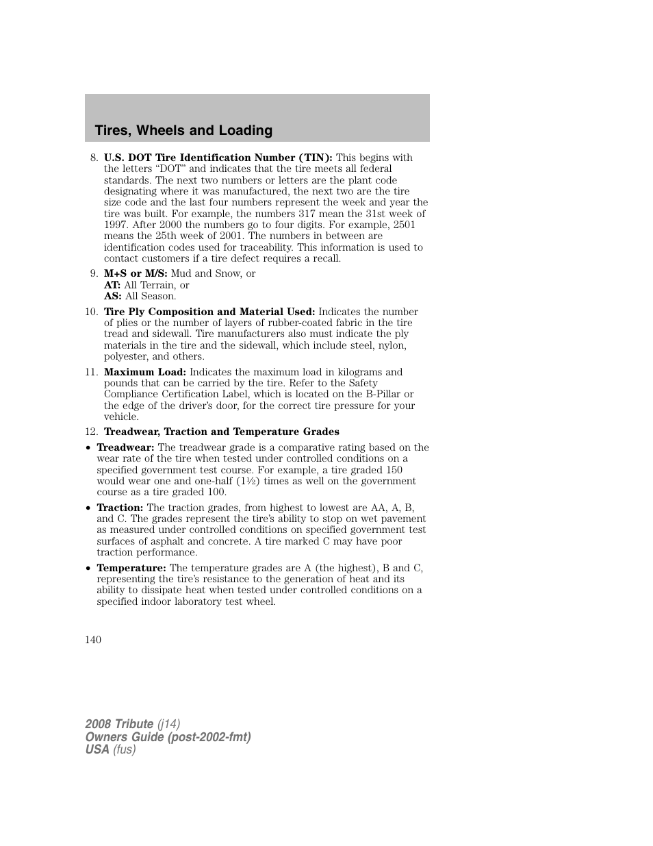 Tires, wheels and loading | Mazda 2008 Tribute User Manual | Page 140 / 288