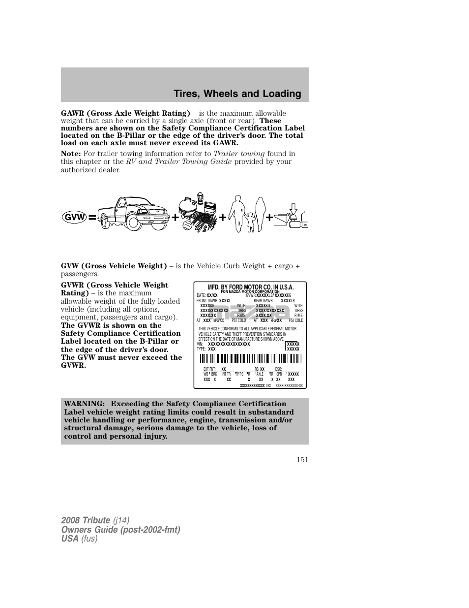 Tires, wheels and loading | Mazda 2008 Tribute User Manual | Page 151 / 288