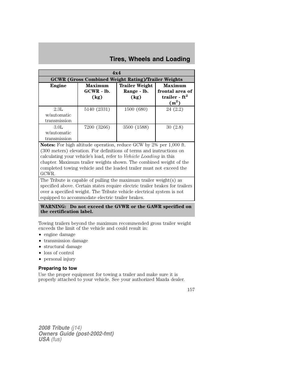 Preparing to tow, Tires, wheels and loading | Mazda 2008 Tribute User Manual | Page 157 / 288