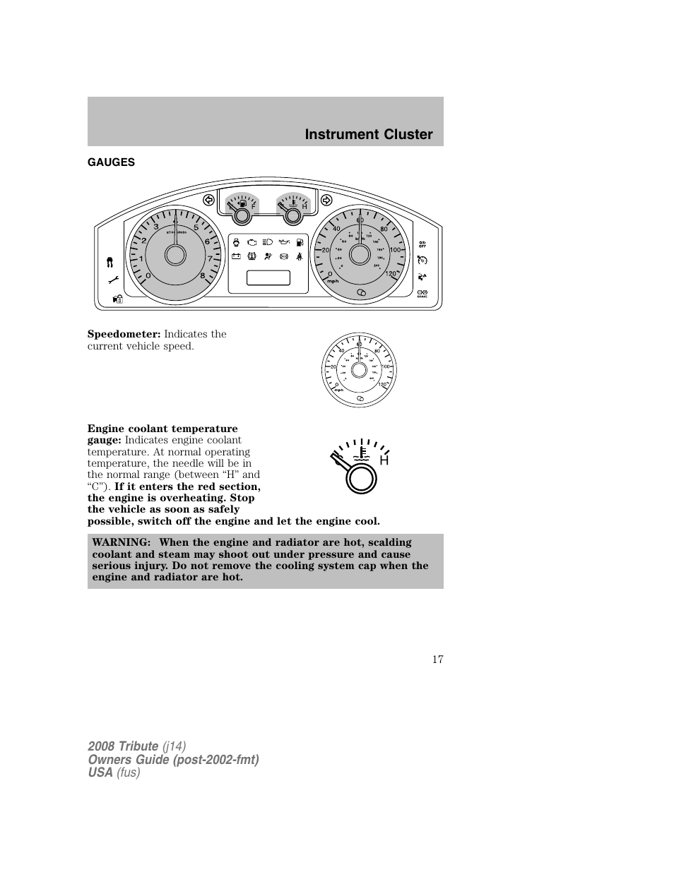 Gauges, Instrument cluster | Mazda 2008 Tribute User Manual | Page 17 / 288