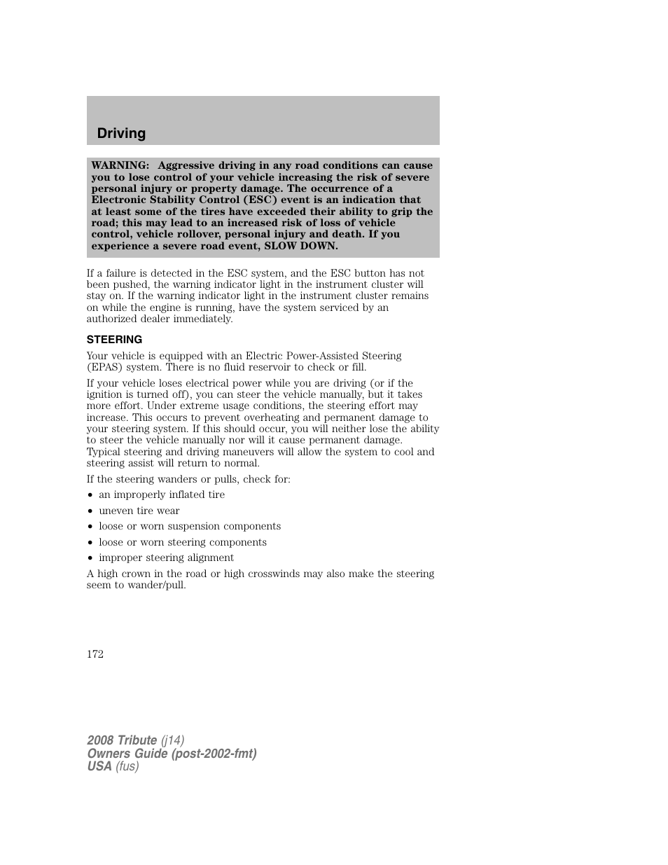 Steering, Driving | Mazda 2008 Tribute User Manual | Page 172 / 288