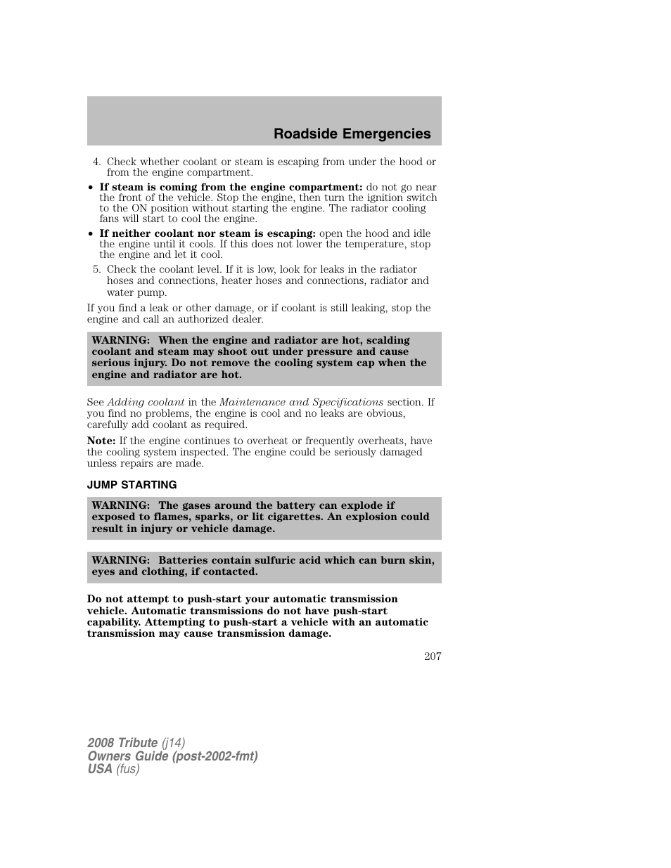 Jump starting, Roadside emergencies | Mazda 2008 Tribute User Manual | Page 207 / 288