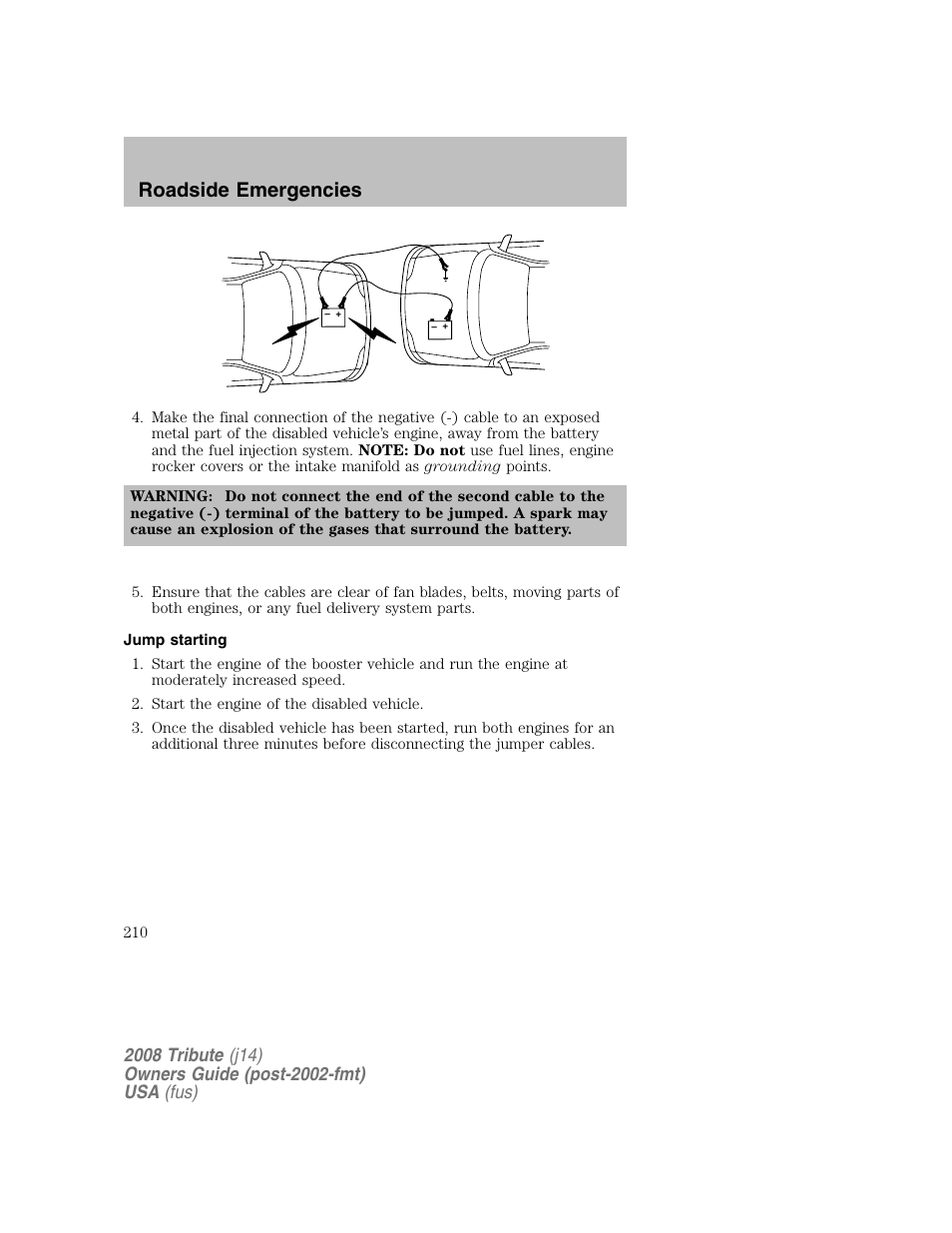 Jump starting, Roadside emergencies | Mazda 2008 Tribute User Manual | Page 210 / 288