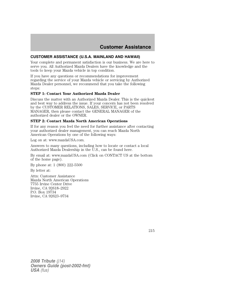 Customer assistance, Customer assistance (u.s.a. mainland and hawaii) | Mazda 2008 Tribute User Manual | Page 215 / 288