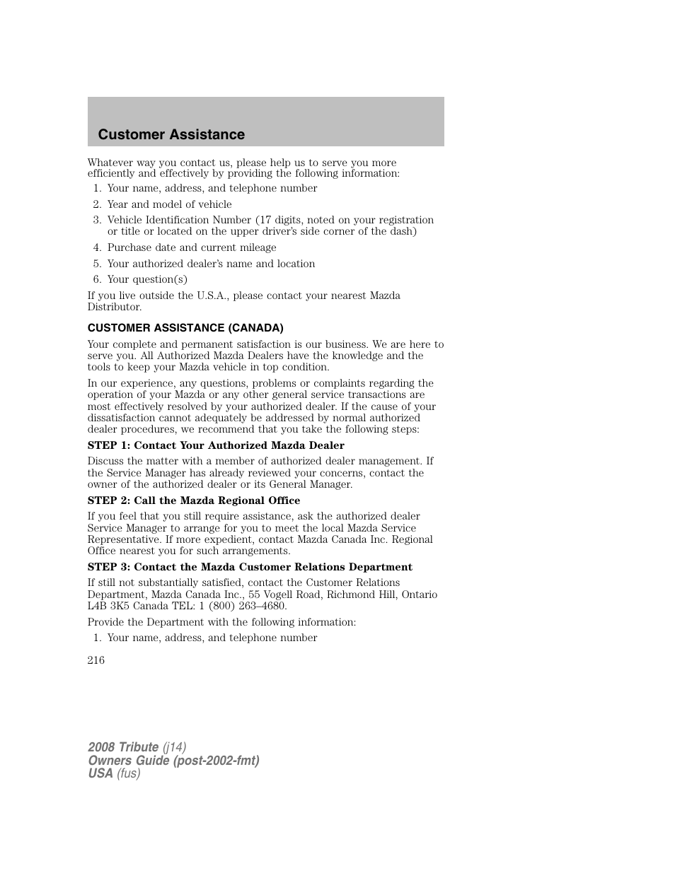 Customer assistance (canada), Customer assistance | Mazda 2008 Tribute User Manual | Page 216 / 288