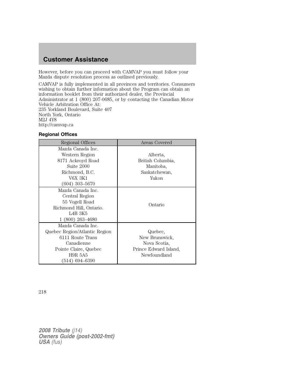 Regional offices, Customer assistance | Mazda 2008 Tribute User Manual | Page 218 / 288