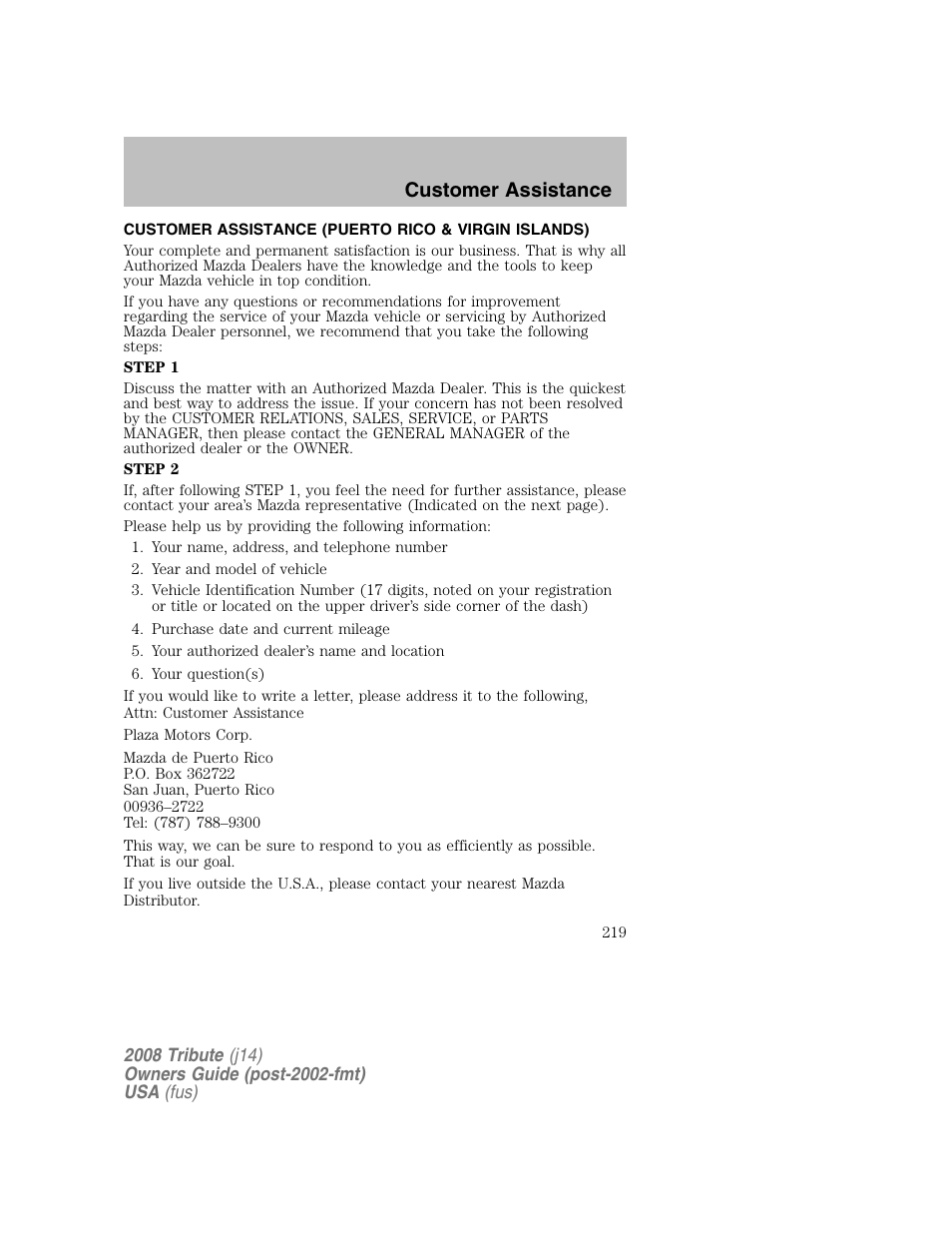 Customer assistance (puerto rico & virgin islands), Customer assistance | Mazda 2008 Tribute User Manual | Page 219 / 288
