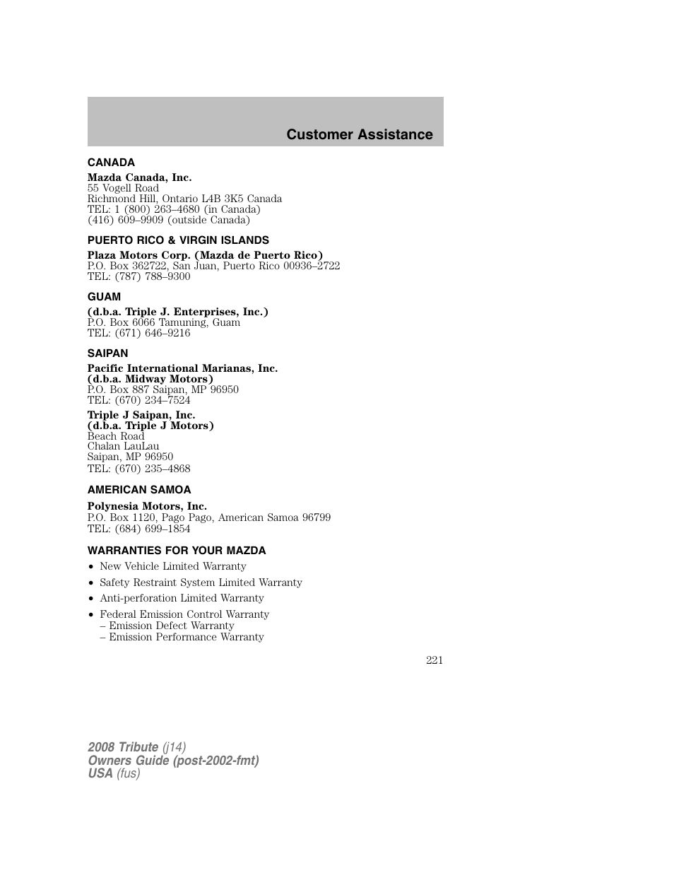 Canada, Puerto rico & virgin islands, Guam | Saipan, American samoa, Warranties for your mazda, Customer assistance | Mazda 2008 Tribute User Manual | Page 221 / 288