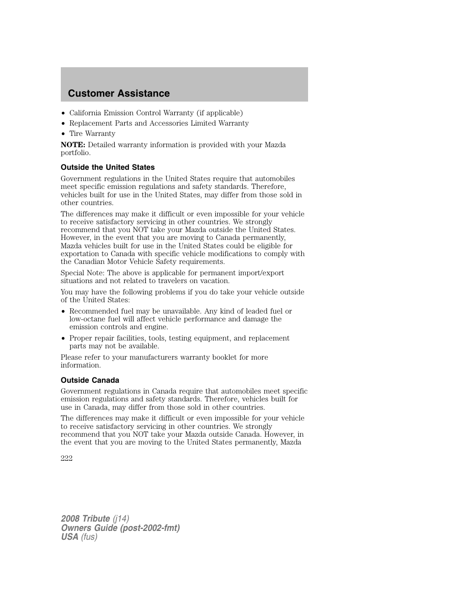 Outside the united states, Outside canada, Customer assistance | Mazda 2008 Tribute User Manual | Page 222 / 288