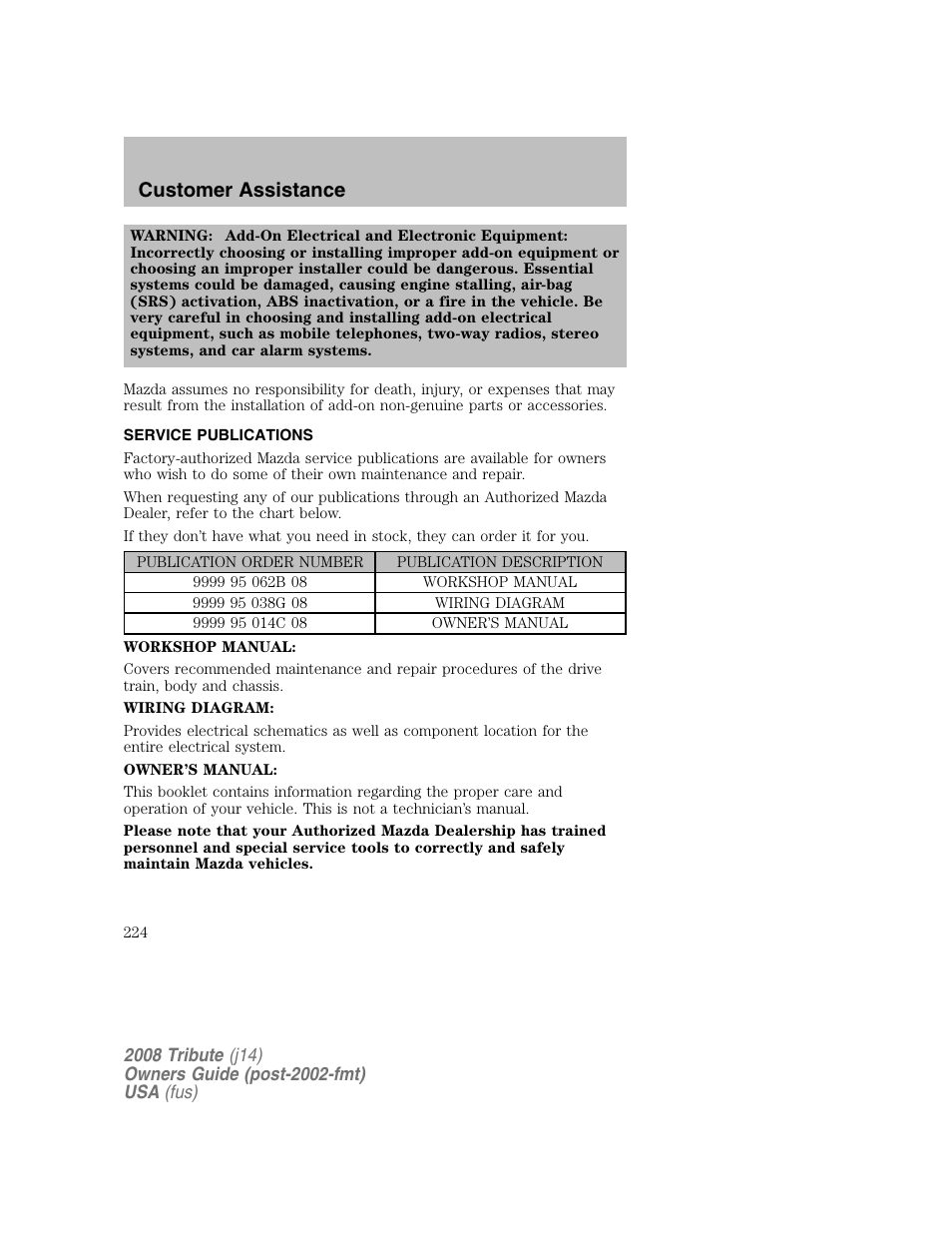 Service publications, Customer assistance | Mazda 2008 Tribute User Manual | Page 224 / 288