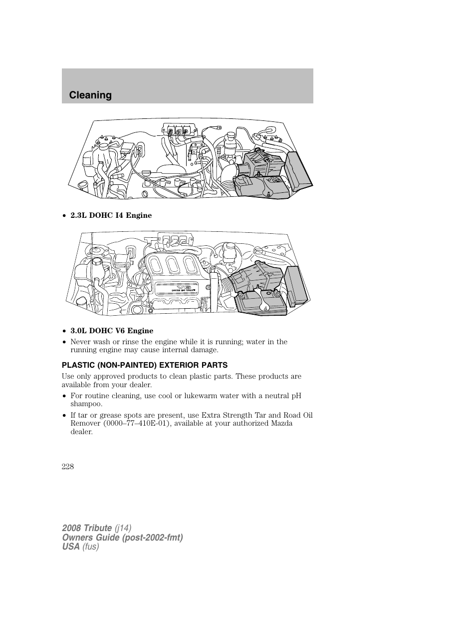 Plastic (non-painted) exterior parts, Cleaning | Mazda 2008 Tribute User Manual | Page 228 / 288