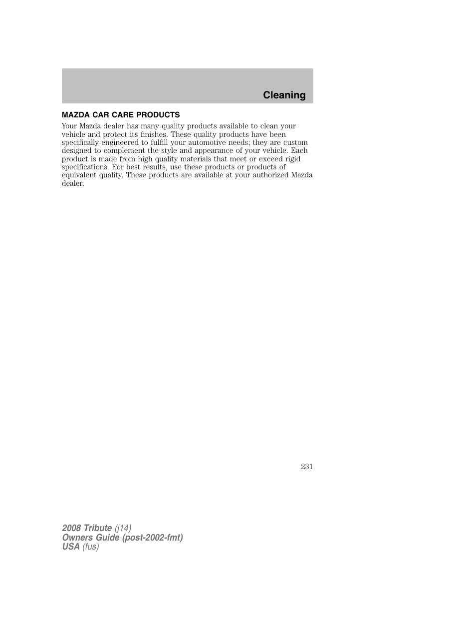 Mazda car care products | Mazda 2008 Tribute User Manual | Page 231 / 288