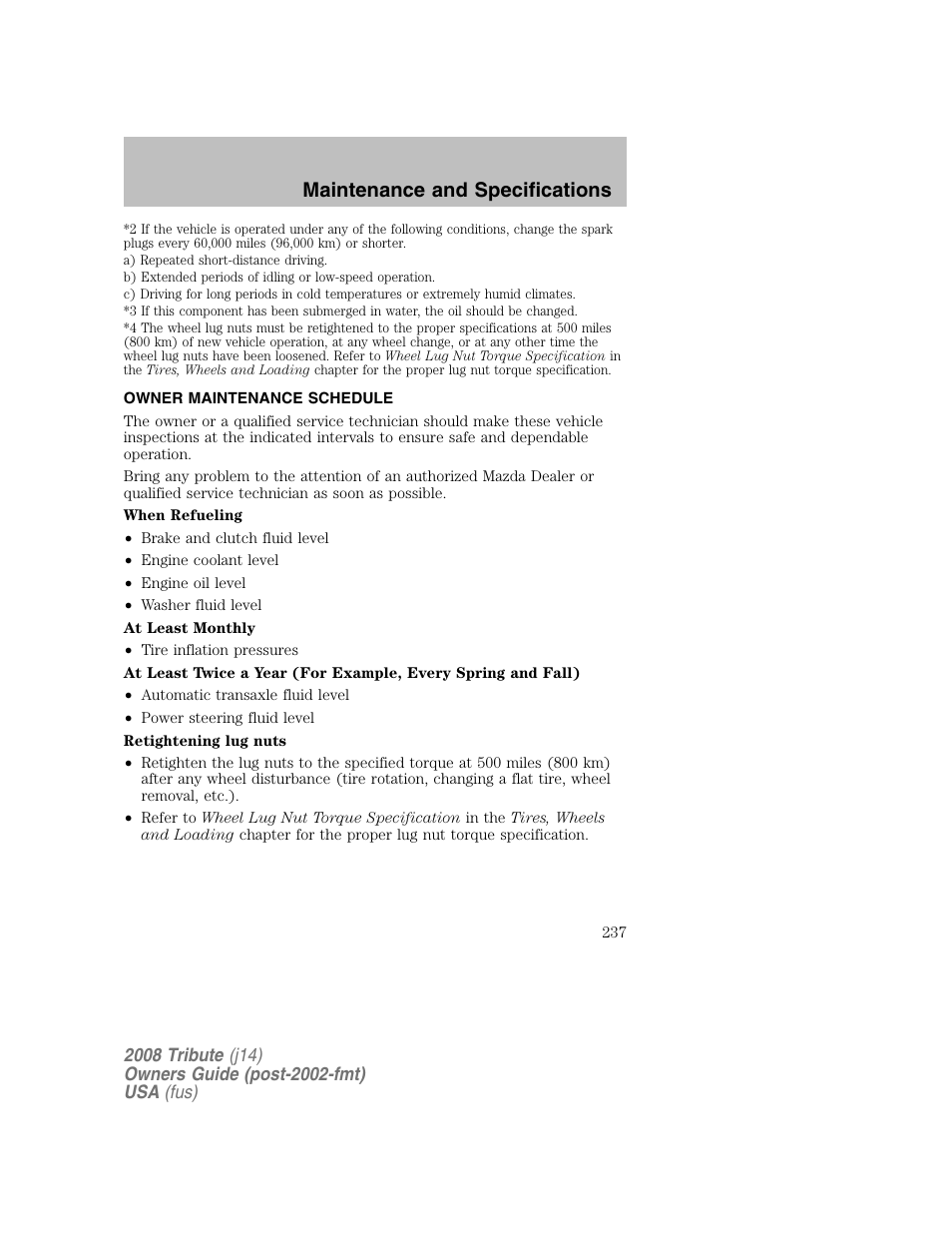 Owner maintenance schedule, Maintenance and specifications | Mazda 2008 Tribute User Manual | Page 237 / 288