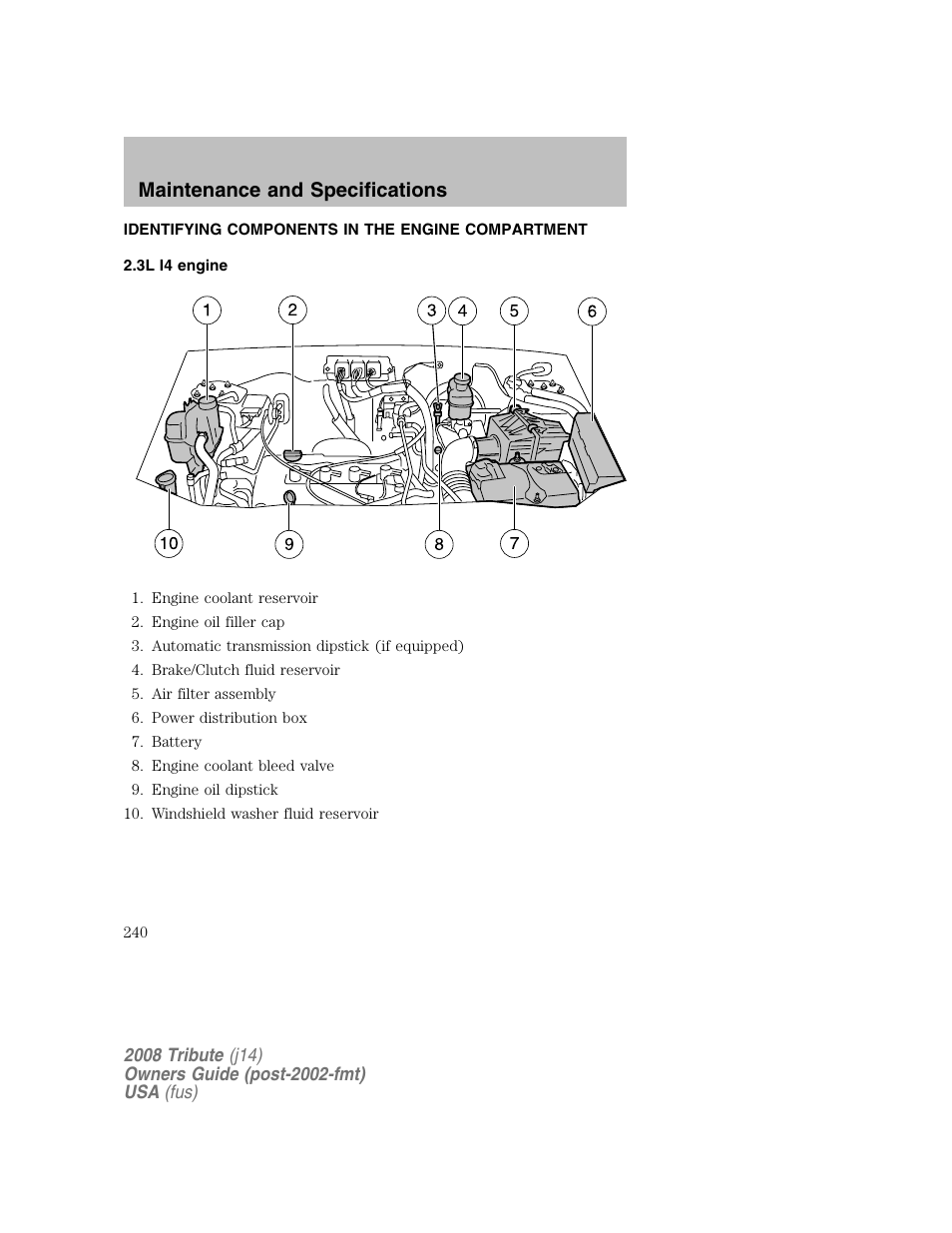 Identifying components in the engine compartment, 3l i4 engine, Maintenance and specifications | Mazda 2008 Tribute User Manual | Page 240 / 288