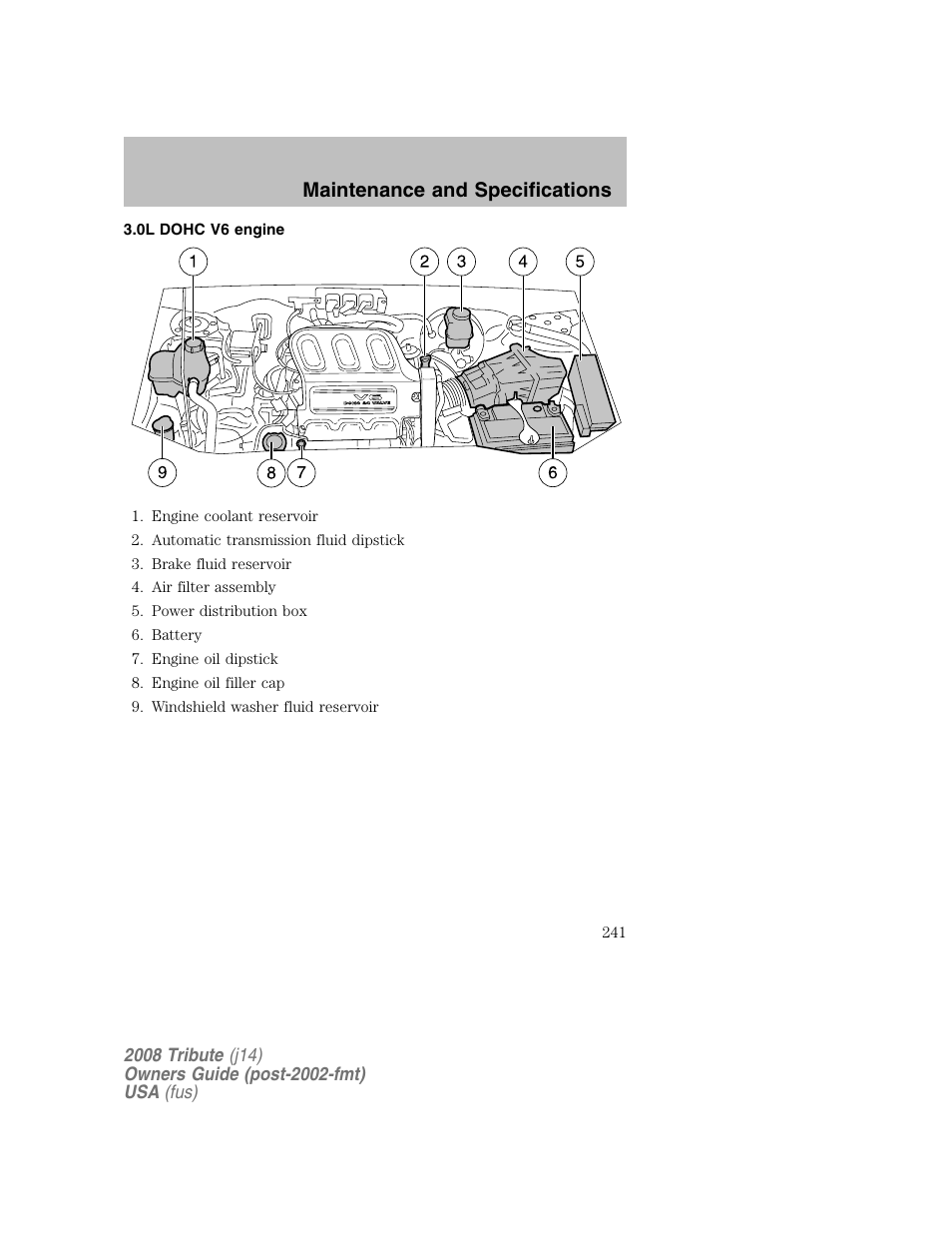 0l dohc v6 engine, Maintenance and specifications | Mazda 2008 Tribute User Manual | Page 241 / 288