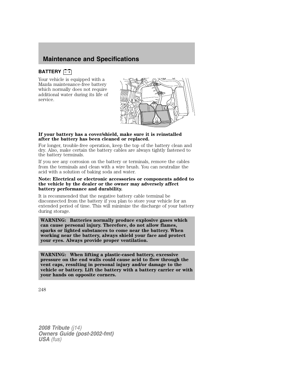 Battery, Maintenance and specifications | Mazda 2008 Tribute User Manual | Page 248 / 288