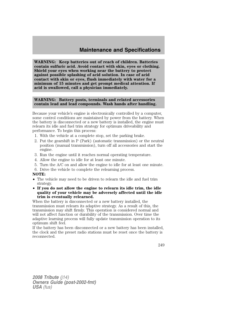Maintenance and specifications | Mazda 2008 Tribute User Manual | Page 249 / 288