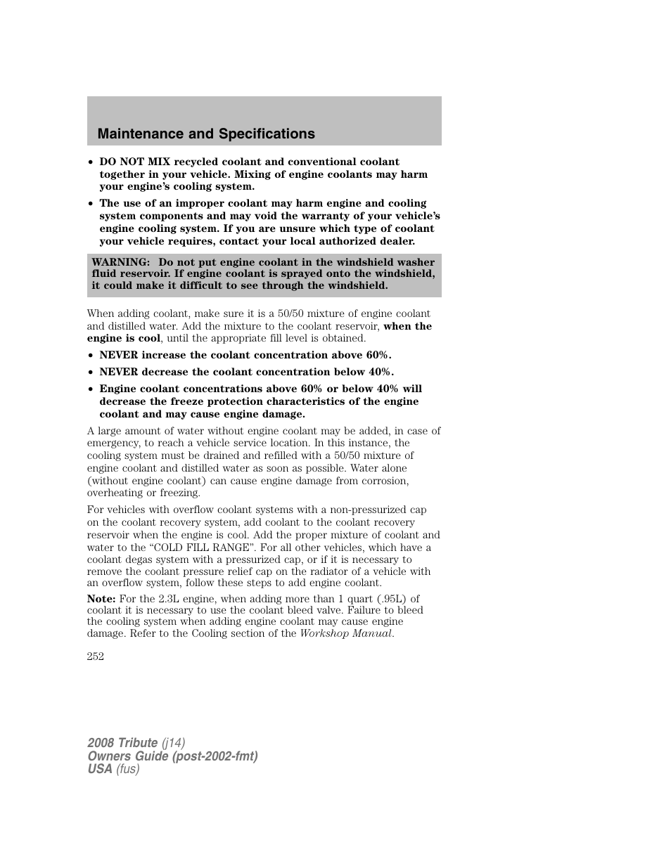 Maintenance and specifications | Mazda 2008 Tribute User Manual | Page 252 / 288