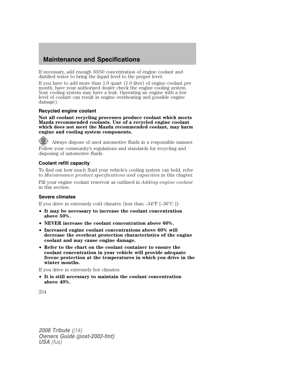 Maintenance and specifications | Mazda 2008 Tribute User Manual | Page 254 / 288