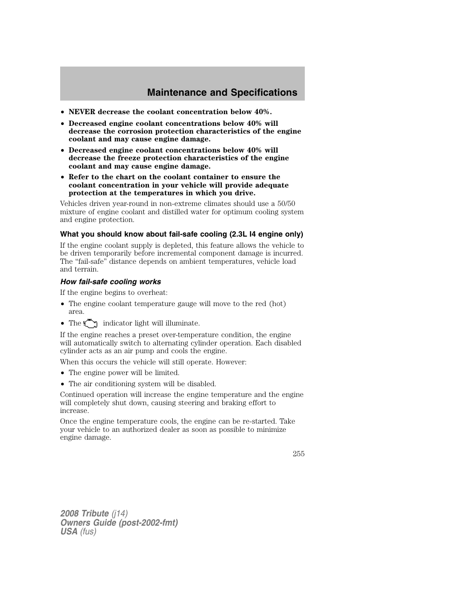 Maintenance and specifications | Mazda 2008 Tribute User Manual | Page 255 / 288