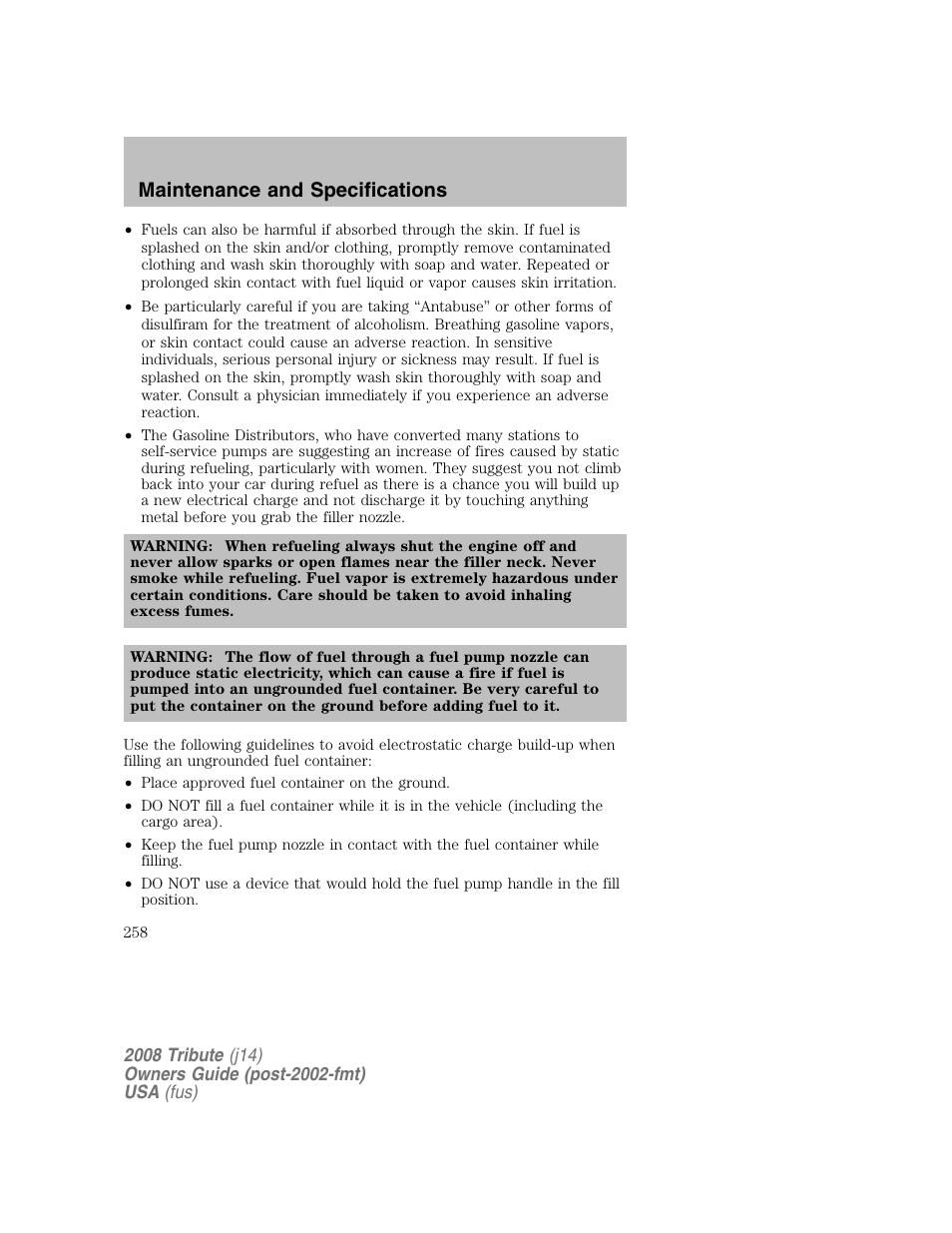 Maintenance and specifications | Mazda 2008 Tribute User Manual | Page 258 / 288
