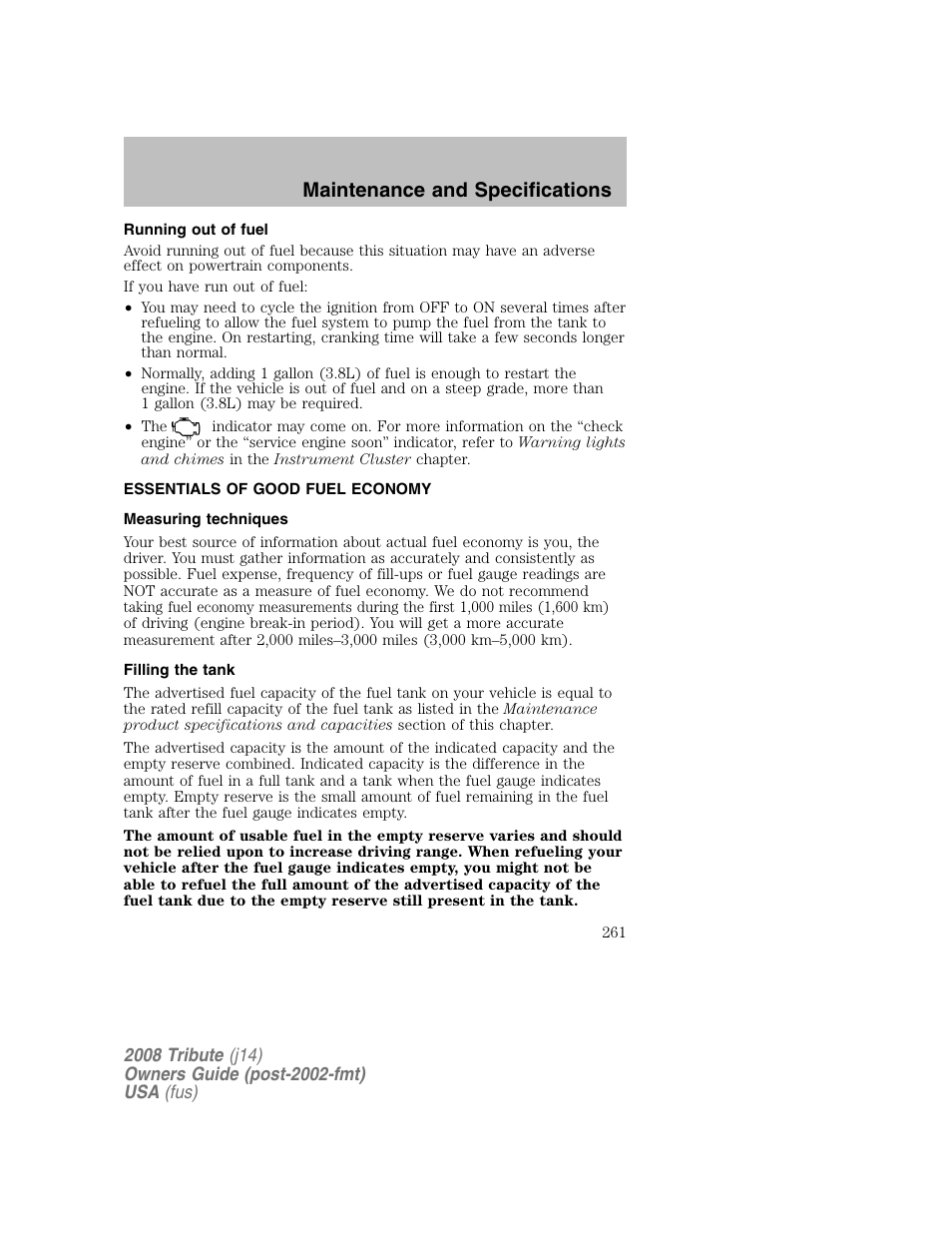 Maintenance and specifications | Mazda 2008 Tribute User Manual | Page 261 / 288