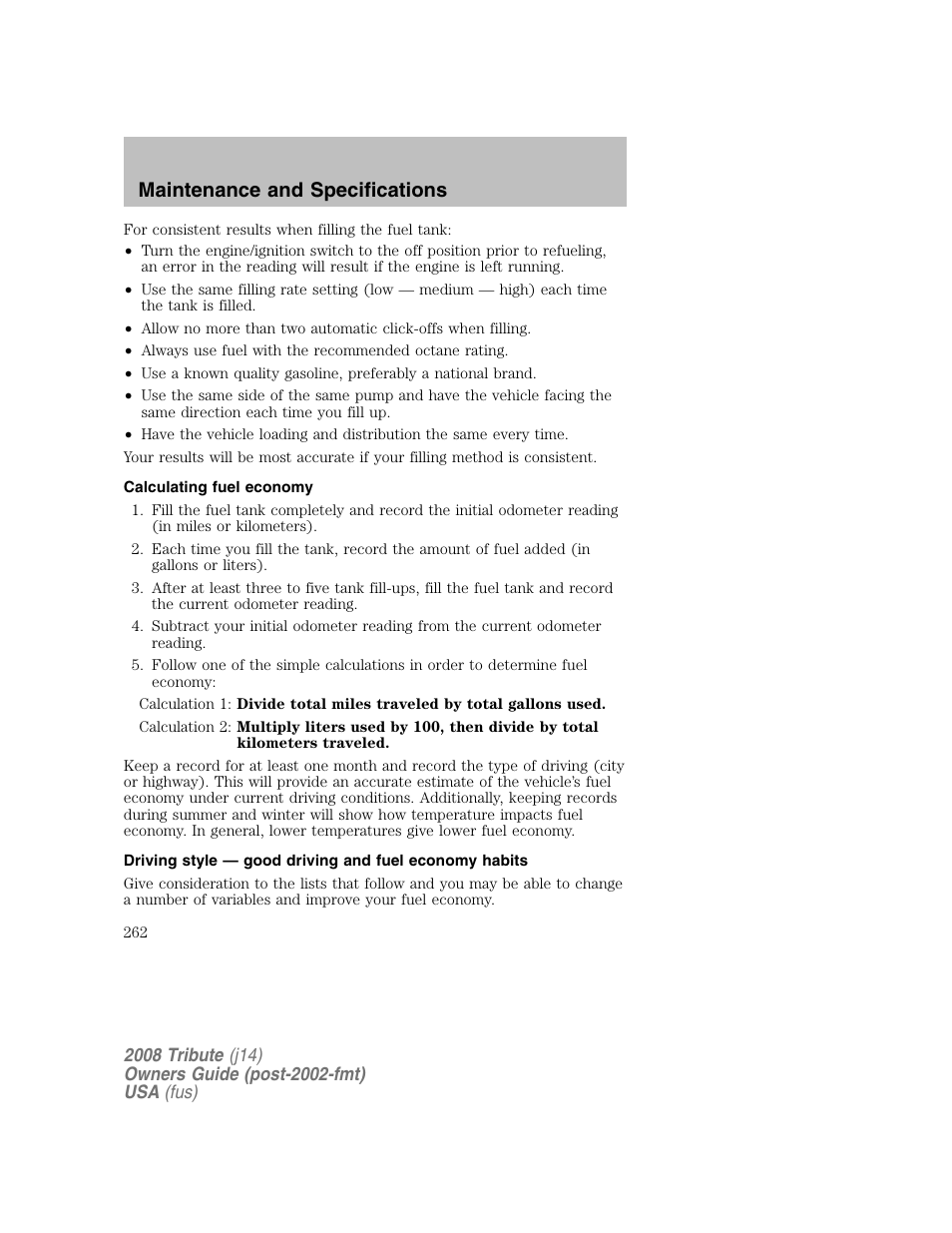 Maintenance and specifications | Mazda 2008 Tribute User Manual | Page 262 / 288
