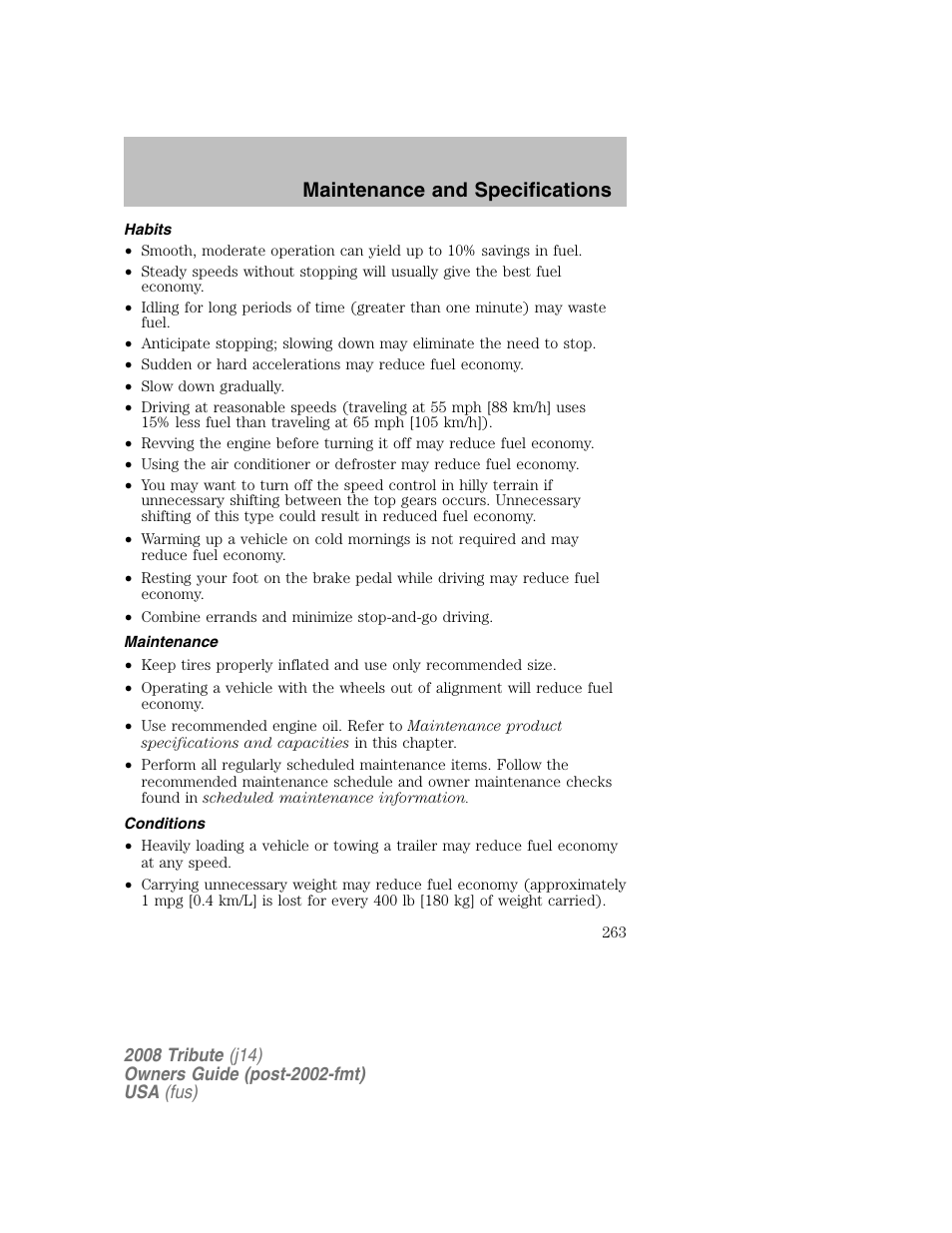 Maintenance and specifications | Mazda 2008 Tribute User Manual | Page 263 / 288