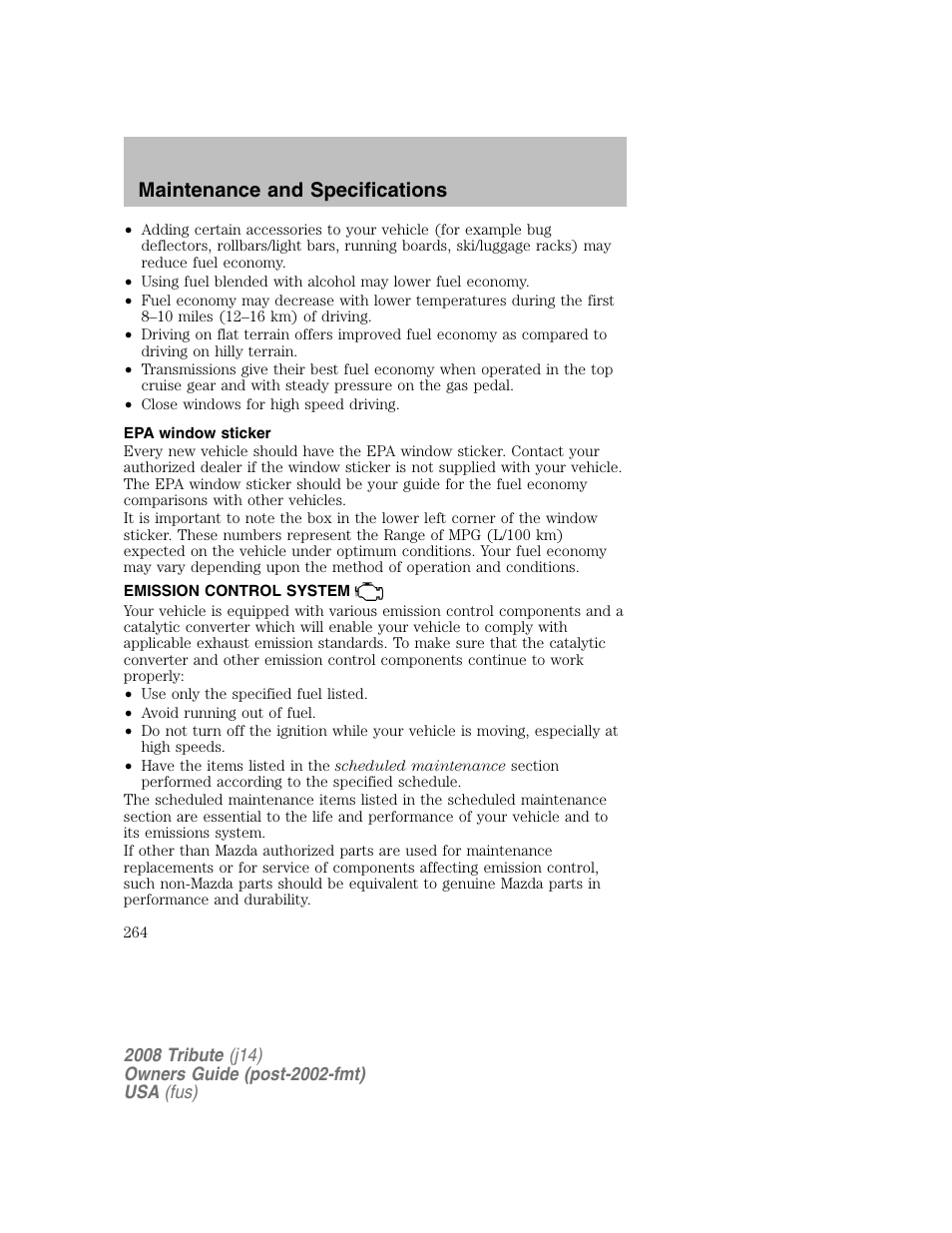 Maintenance and specifications | Mazda 2008 Tribute User Manual | Page 264 / 288