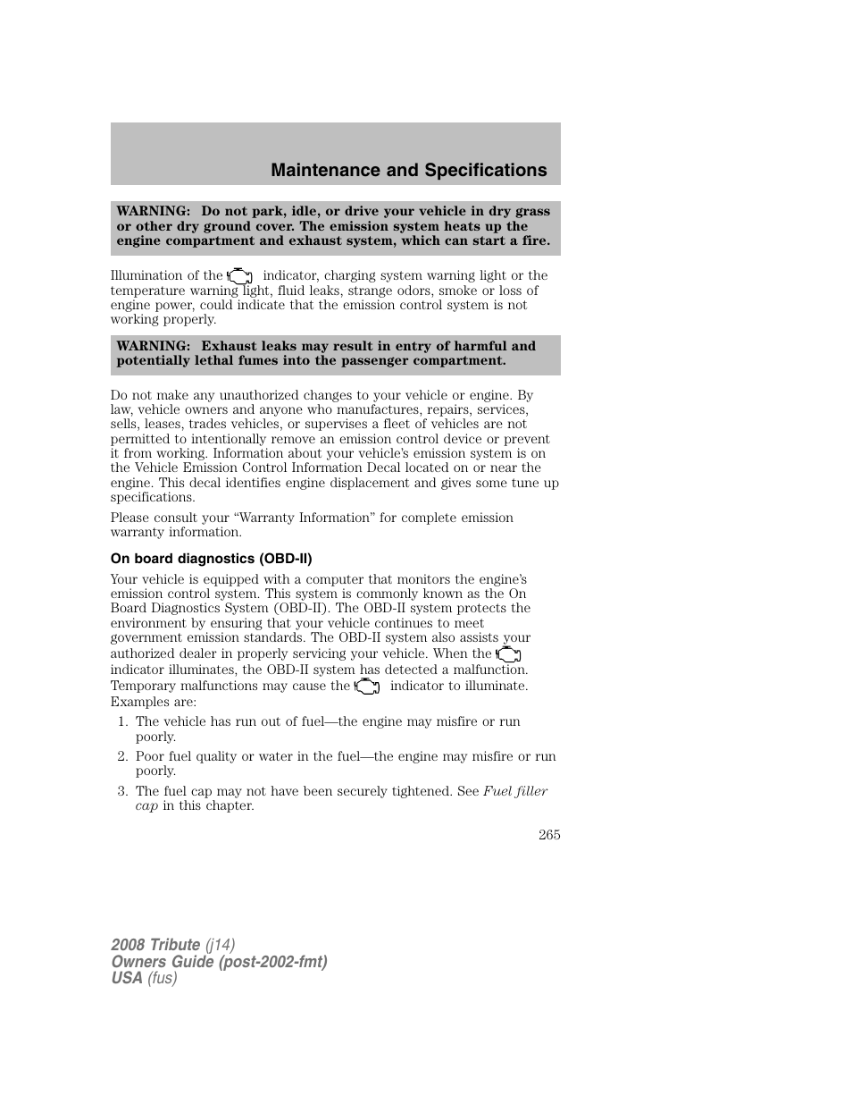 Maintenance and specifications | Mazda 2008 Tribute User Manual | Page 265 / 288