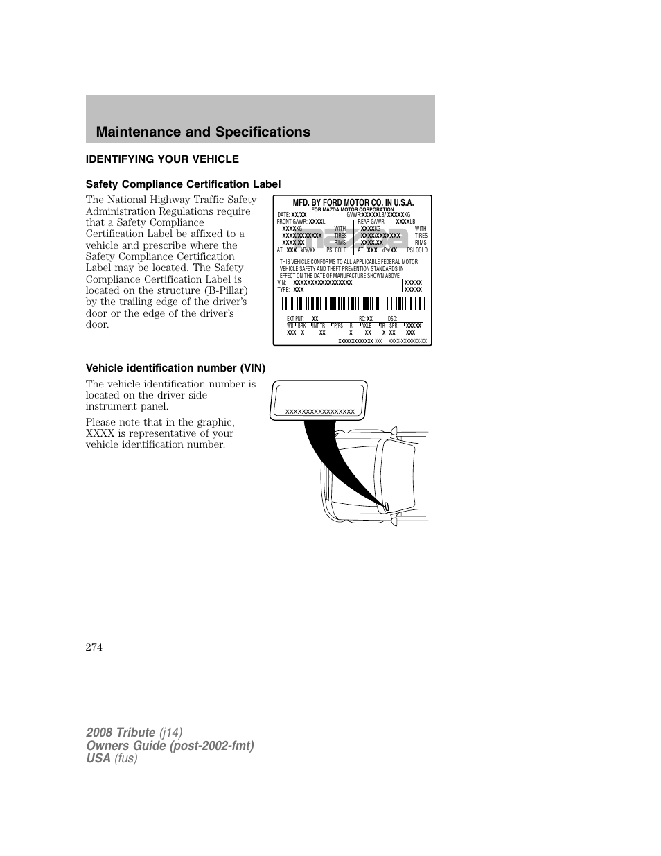 Maintenance and specifications, Mfd. by ford motor co. in u.s.a | Mazda 2008 Tribute User Manual | Page 274 / 288