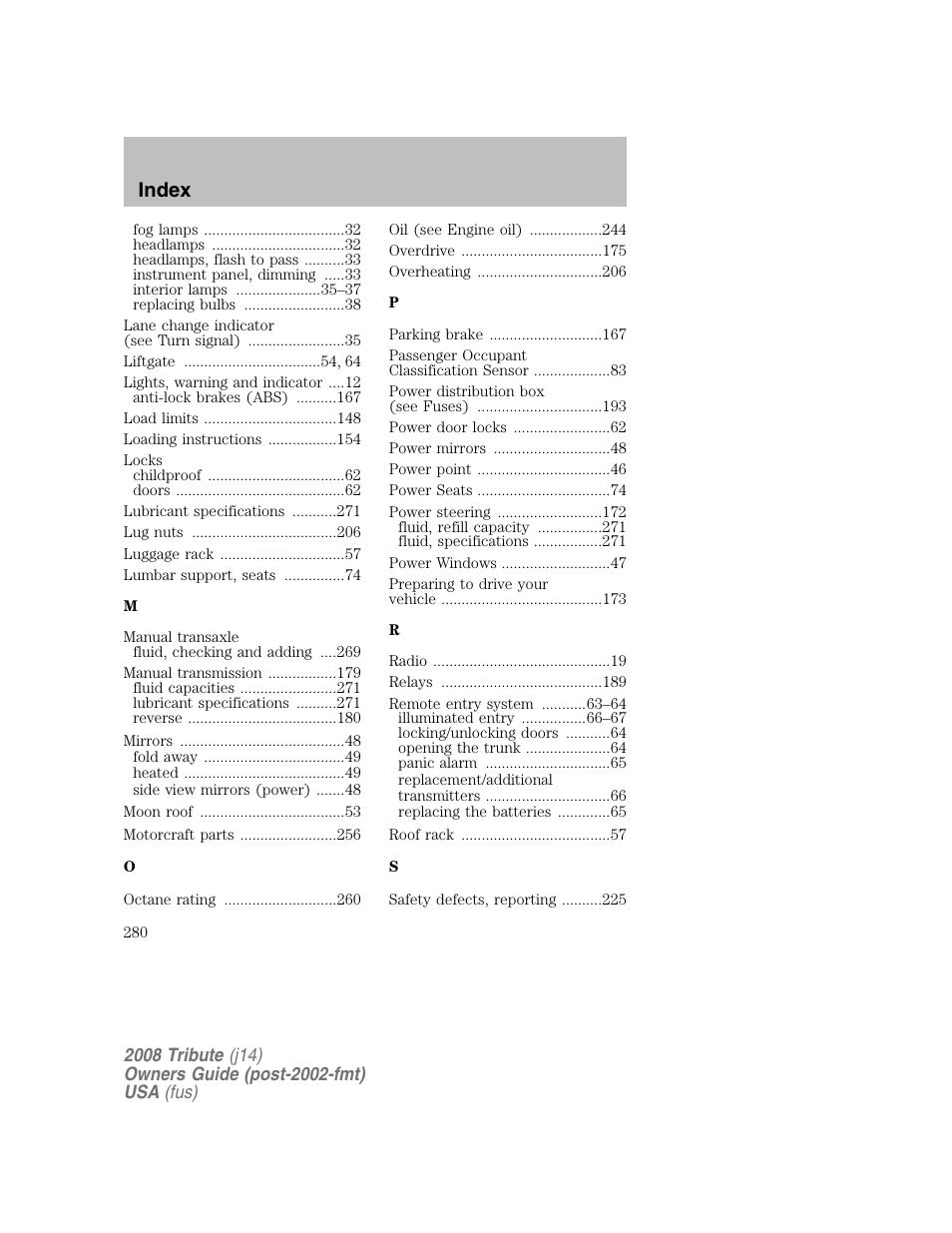 Index | Mazda 2008 Tribute User Manual | Page 280 / 288