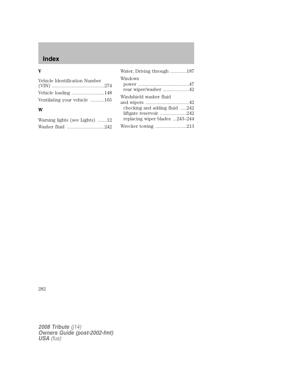 Index | Mazda 2008 Tribute User Manual | Page 282 / 288