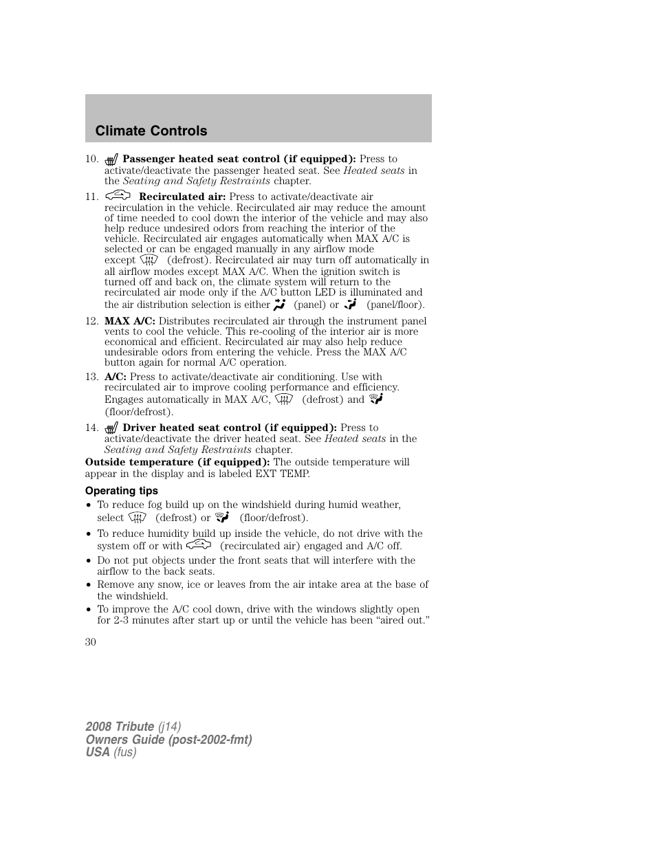 Operating tips, Climate controls | Mazda 2008 Tribute User Manual | Page 30 / 288