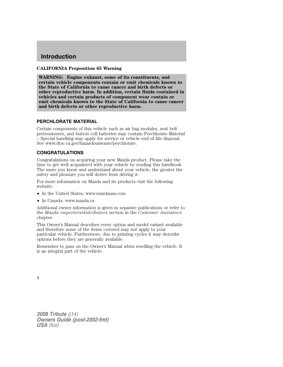 Introduction, Perchlorate material, Congratulations | Mazda 2008 Tribute User Manual | Page 4 / 288