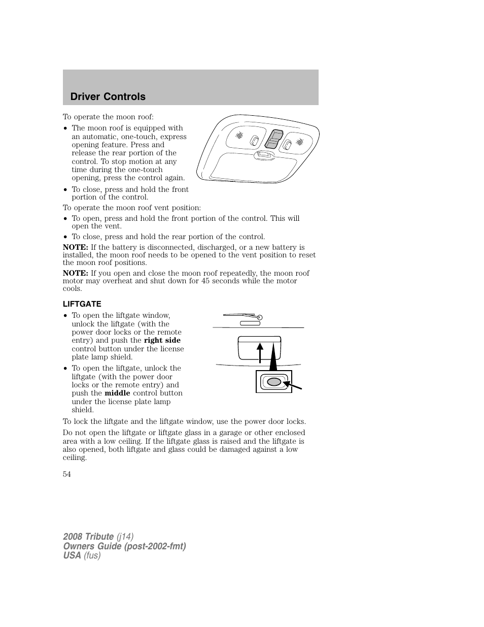 Liftgate, Driver controls | Mazda 2008 Tribute User Manual | Page 54 / 288