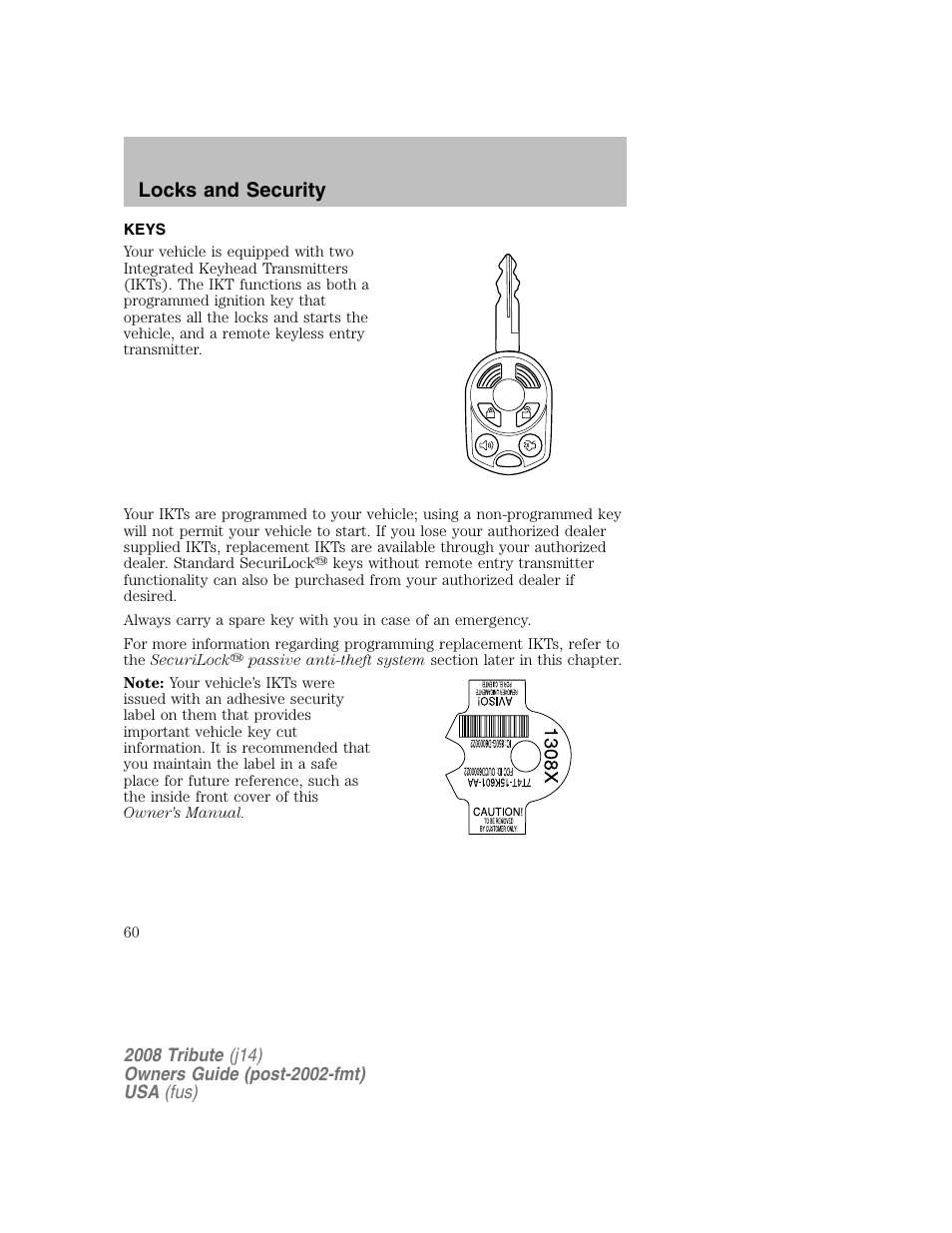 Locks and security, Keys | Mazda 2008 Tribute User Manual | Page 60 / 288